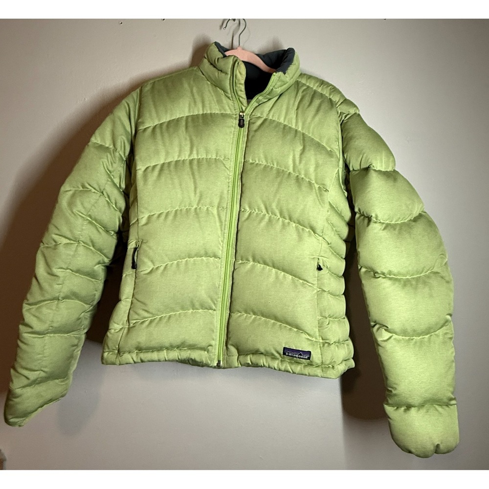 Patagonia Womens Down Puffer Jacket Large Green Quilted Full Zip- Size L Neck